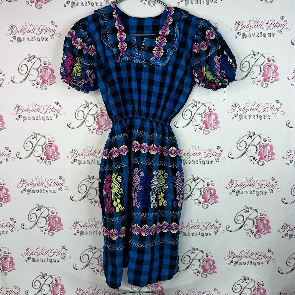 Dress embroidered puff sleeves traditional Colorful Embroidered Plaid Dress